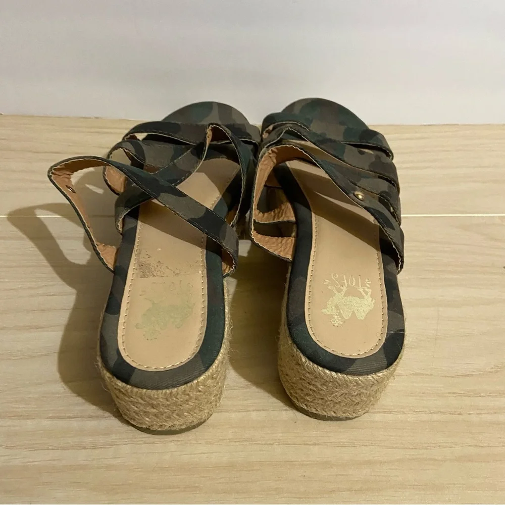 Y2K Camel Toes Camouflage Platform Sandals Burlap Boho Espadrille Wedges Size 9